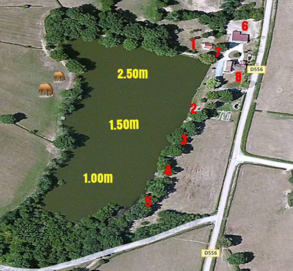 Plattegrond van het betaalwater Etang Morlou